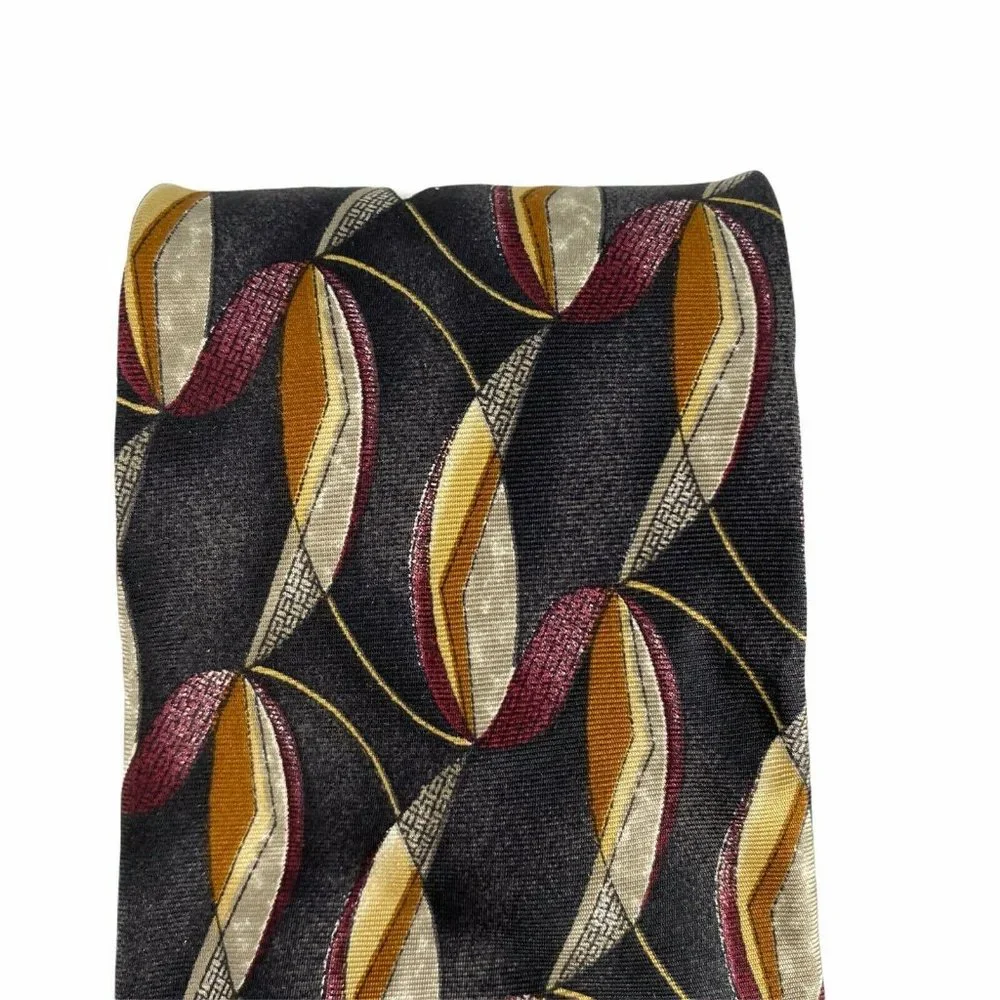 George Machado Black Maroon Yellow Tan Silk Tie‎